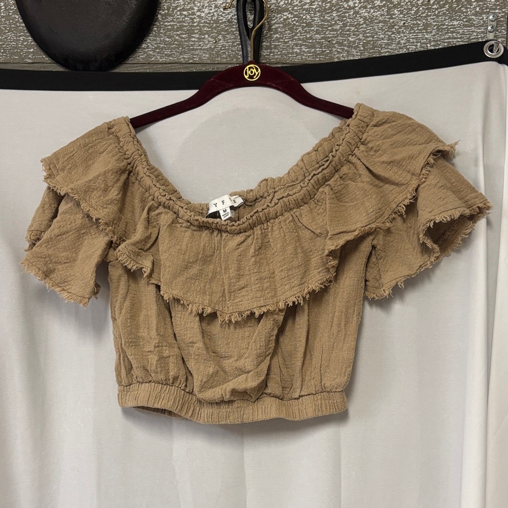 HYFVE Tan Ruffle Off-Shoulder Crop Top